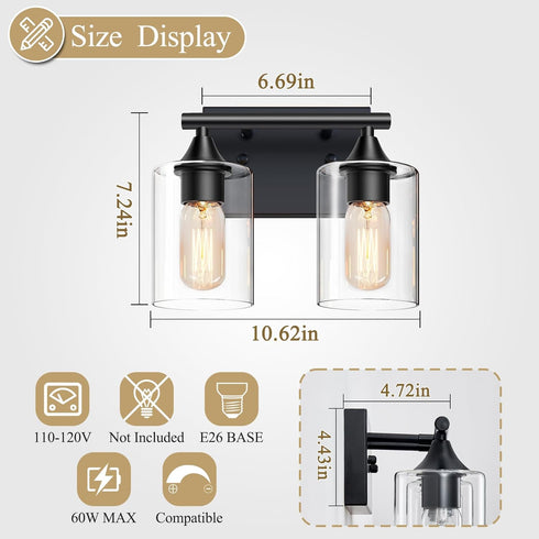 Fixtures,2-Light Vanity Lighting Bathroom Lights Over Mirror,Modern Sconces Wall Lighting with Clear Glass Shade,Light