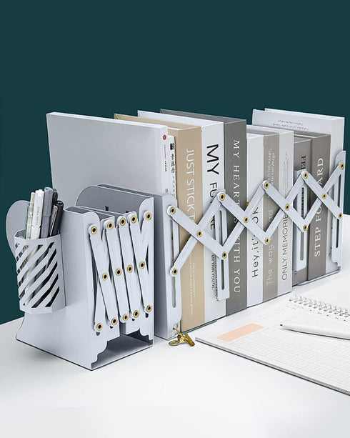 MSDADA Adjustable Bookends, Metal Book Ends for Heavy Books, Expandable Book Organizer with Pen Holder for Desk, Shelf