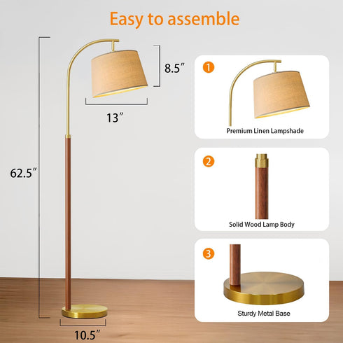 62.5" G-SAFAVA Wood Floor Lamp for Living Room Gold with Foot Switch Arc Standing Tall Lamps for Bedroom Mid Century