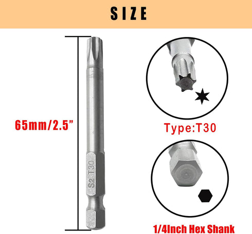 10PCS T30 Torx Screwdriver Bit, 1/4 Inch Hex Shank 65mm Long, S2 Steel Magnetic Torx Tool Set