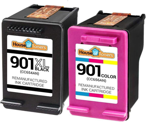 Remanufactured for HP 901XL CC654AN Black and HP 901 CC656AN Color Ink Cartridge, High Yield Replacement, 2 Pack