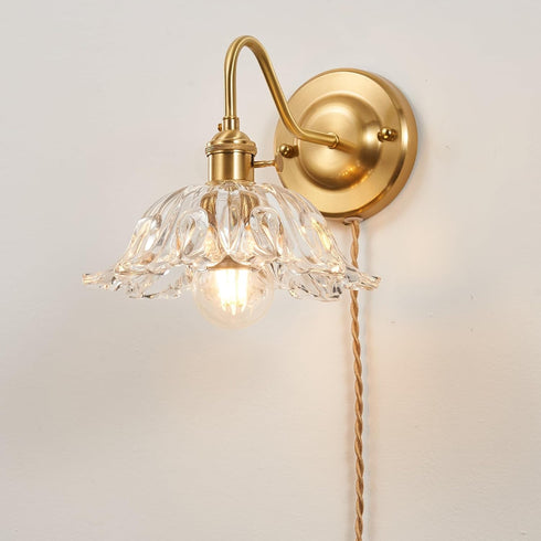 YJQHXY E26 Vintage Plug-in Wall Sconce with Switch, Clear Snowflake Glass Shade, Brass Fixture, Socket with Dual