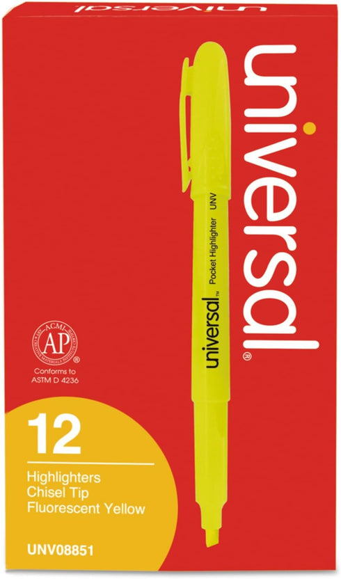 Pocket Highlighters | Fluorescent Yellow Ink, Chisel Tip, Yellow Barrel | Dozen