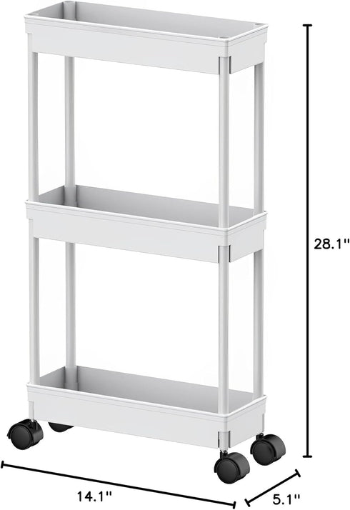 Sooyee 3 Tier Rolling Cart with Wheels, Slim Storage Cart, Narrow Storage Cabinet, Under Desk Storage, Rolling Utility