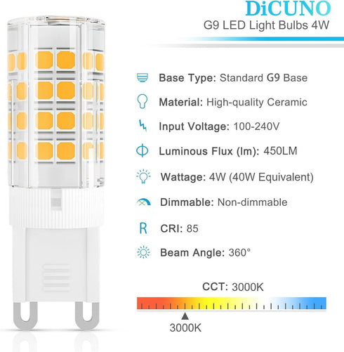 G9 Bulb 4W, 40W 3000K, 450 G9 Bulb, 120V, Non-dimmable, 6-Pack DiCUNO LED Light Halogen Replacement, Warm White Lumen