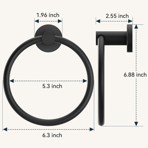 FORIOUS Matte Black Towel Ring, SUS304 Stainless Steel Hand Towel Holder for Bathroom Wall Mounted