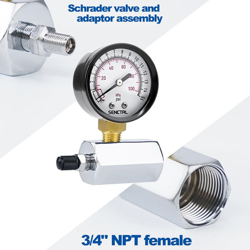 0-15 Psi Gas Pressure Test Gauge, 2" Dial Size, 3/4" FNPT Connection, Brass Valve, Chrome Plated Steel Body Assembly