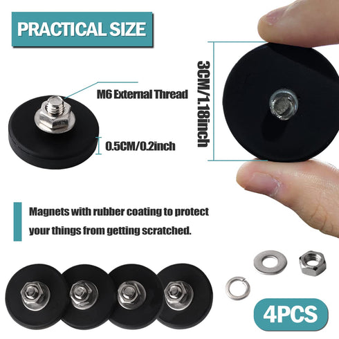 aosdanting 4pcs M6 Rubber Coated Magnets with Bolts, Heavy Duty Magnets Male Thread, Strong Mounting for Fixing Lights