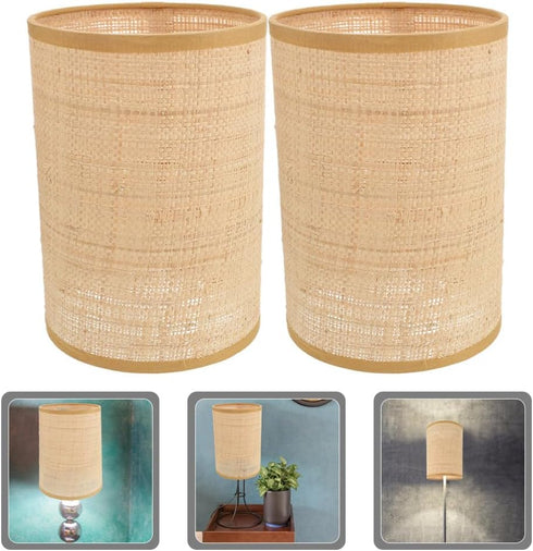 2pcs Veemoon Rattan Drum Lamp Shade Replacement Chandelier Lampshade Woven Cylinder Light Covers Table Lamp Covers