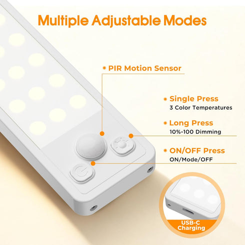 Dimmable 3 Closet 3 Pack Under Cabinet Rechargeable Lighting: Color Temperature Motion Sensor Lights Indoor - Battery