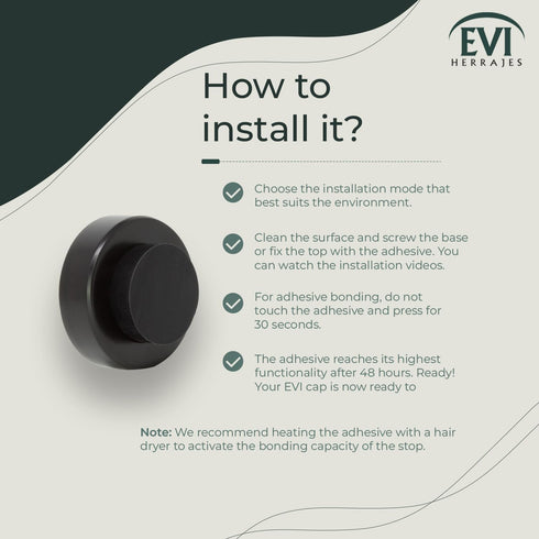 EVI Wall/Handle Adhesive Doorstop, 0.9'' X 0.55'' Black Rubber with V2A Stainless Steel, Includes Screw + Clamping