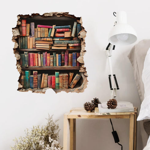 flaxarne 3D Bookshelf Wall Stickers Faux Hole Book Design Decorative PVC Wall Art for Bedroom Living Room Decoration