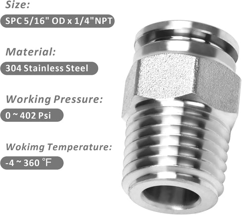 Push to Connect Fitting - 304 Stainless Steel Male Straight 5/16" Tube OD x 1/4" NPT Thread (Pack of 2)