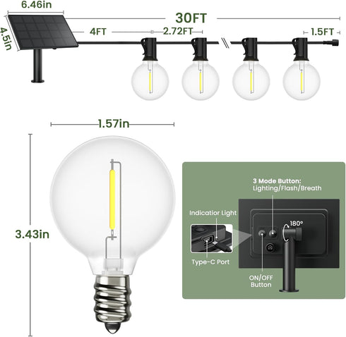 30 G40 Dimmable Bulbs, Svater Solar Outdoor String Lights FT, Patio Lights Shatterproof Vintage Edison Solar Powered