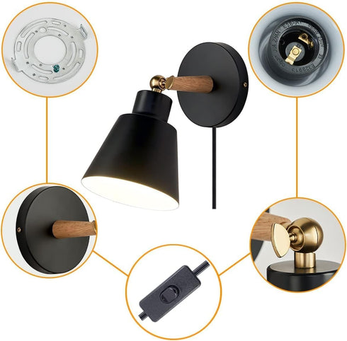 (1, ClanKin Plug in Wall Sconces Lighting, Black Wood Style Wall Sconce Reading Lamp, Adjustable Wall Light for Bedroom