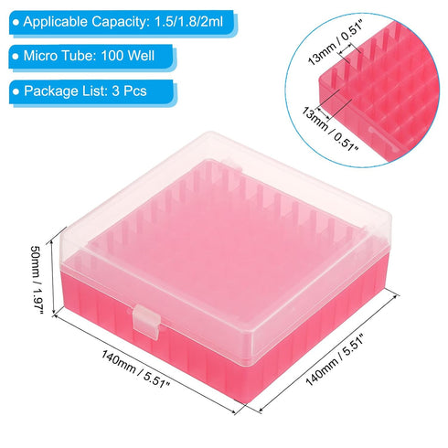 PATIKIL 100 Well Centrifuge Tube Freezer Storage Box, 3 Pcs Polypropylene Lockable Tube Rack for 1.5/1.8/2ML Tubes Vials Samples, Red