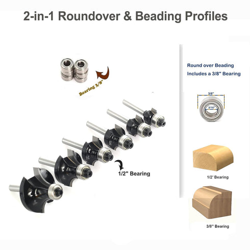 6PCS Set 6 3/8" 1/4 2-in-1 Trimming Roundover Router Bit with Extra Guide Bearings, Shank Carbide Edge Forming Bits