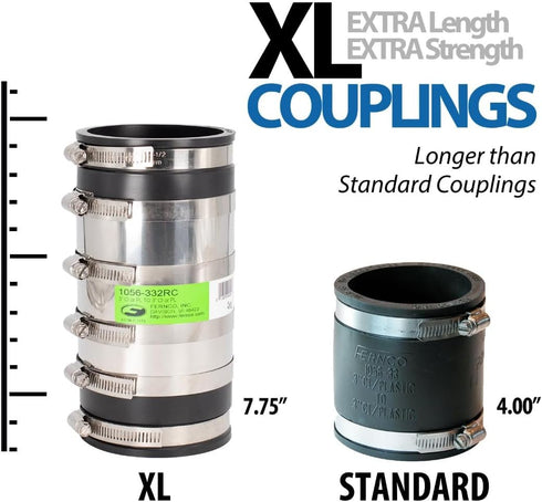 Fernco 3-inch XL Flexible Pipe Coupling Connector Fitting with Stainless Shield for Below Ground Plastic, Cast Iron,