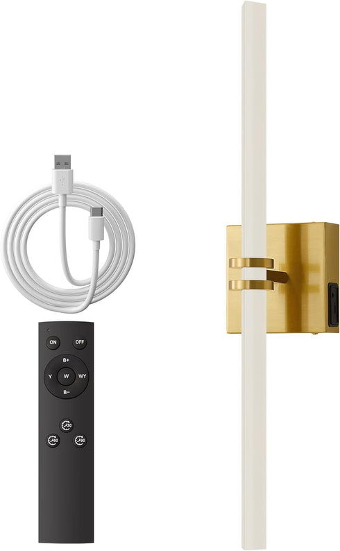 1Pack, Dimmable 22 Inch 3000K-6000K Battery Operated Wall Sconce Gold Rechargeable Wall Lights with Remote Control, LED