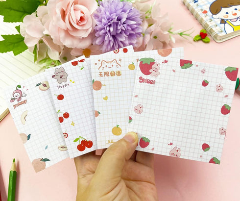 Cute Sticky Notes 4Pack (320 sheets), Kawaii 3.1x3.1in Self-Stick Note Pads with Unique Fruit Patterns