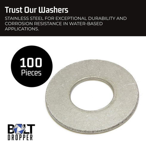 100 Bulk Pack Stainless Steel Flat Washer by Bolt Dropper - Metal Washers for Bolts - 1/4" Inside Diameter, 5/8"