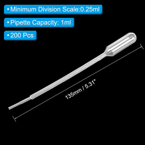PATIKIL Disposable Transfer Pipettes, 200pcs 1ml LDPE Polyethylene Plastic Pipette for Transfer Liquid for Lab, Chemistry, Clear