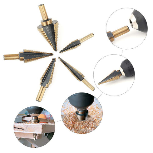 COMOWARE Step Drill Bit Set & Automatic Center Punch - Black and Gold, High Speed Steel, Set of 5 pcs