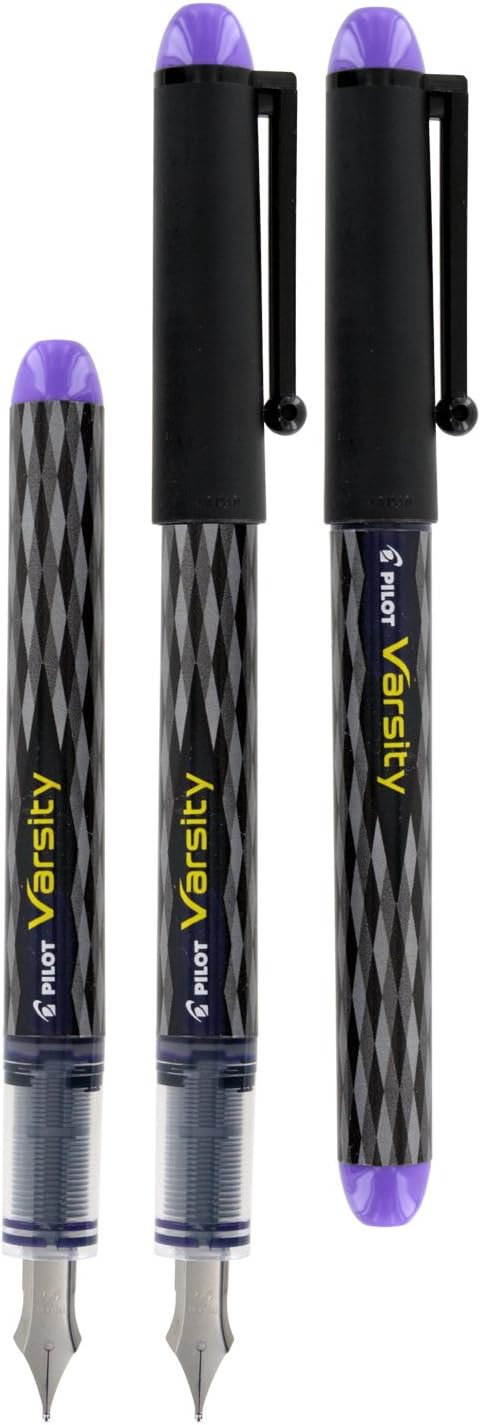 Varsity Disposable Fountain Pen, Medium Point, Black Barrel with Purple Ink, Pack of 6