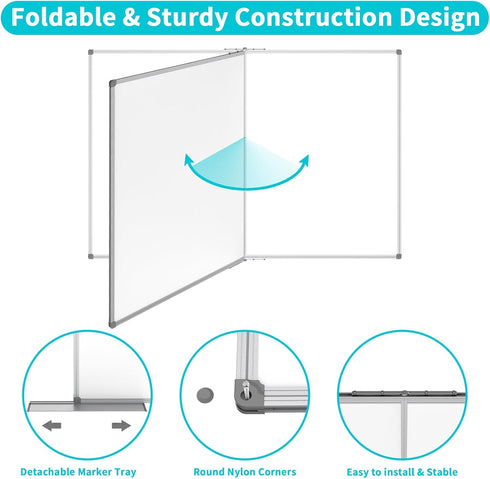JILoffice Magnetic Foldable White Board, 48" x 36", Dry Erase Whiteboard, Silver Aluminum Frame, Wall Mounted