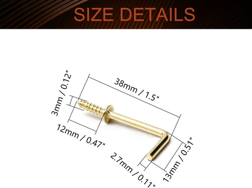 MroMax 1" 50Pcs Gold Screw in Hooks, L Shape Carbon Steel Right Angle Hooks