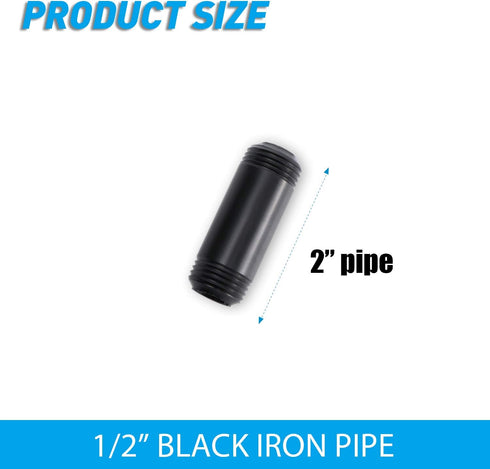 Home TZH 10 Pack Black Painted Iron Pipe, 1/2" x 2" Threaded Metal Pipe Nipple for DIY Project/Furniture/Shelving