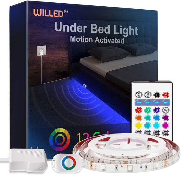 WILLED RGB LED Strip Lights, Under Bed Light Motion Activated Sensor, RF