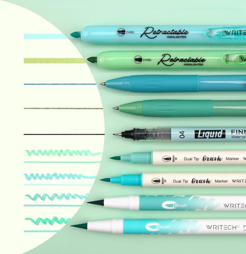 WRITECH Journaling Kit, Gel Ink Pens/Retractable Highlighters/Dual Tip Brush Pens/Fineliner Pens, Smooth Writing Assorted Colors Journaling Supplies, 9 Count with Pen Bag (Vitality blue & green) by WRITECH