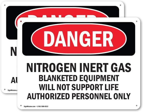 (2 Pack) Nitrogen Inert Gas Equipment OSHA Danger Sign 18 Inch X 12 Inch Rust-Free Aluminum Metal Signs