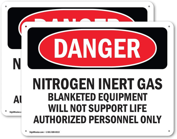 (2 Pack) Nitrogen Inert Gas Equipment OSHA Danger Sign 18 Inch X 12 Inch Rust-Free Aluminum Metal Signs