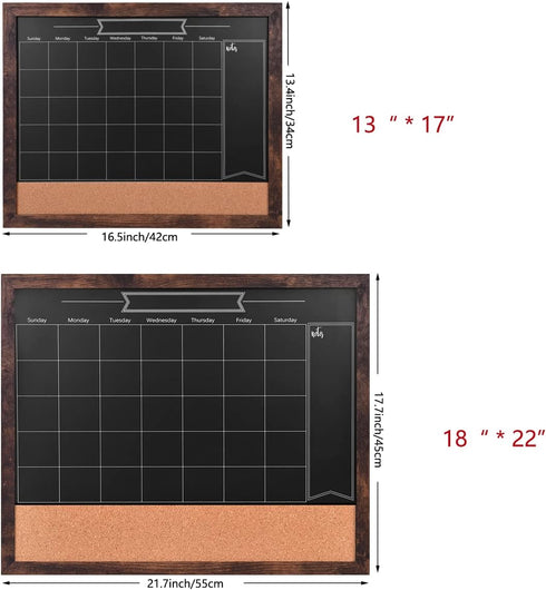 Chalkboard Calendar and Bulletin Combo Board, 18" x 22", Brown Wooden Frame, Magnetic, Perfect for Office, Home School,