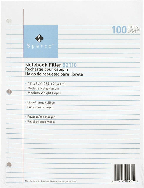 Sparco 82110 Filler Paper,3-HP,College Ruled,11-Inch x8-1/2-Inch ,100/PK,White