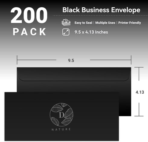 Business Envelopes, 200-Pack #10 Black Envelopes, Gummed Seal, 4-1/8 x 9-1/2 Inches for Mailing
