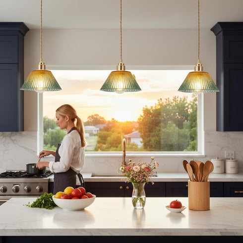 YJQHXY E26 4.72" 6.56 Amber-Green Stained Glass Cone Pendant Light, Fluted Shade, Brass Socket with Ceramic Core, US