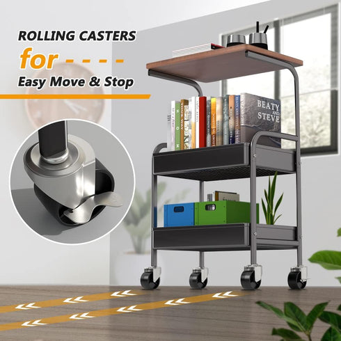 Rolling Cart with Wooden Tabletop, 3 Tier Metal Utility Cart, Lockable Wheels for Kitchen, Office, Bedroom (Black)