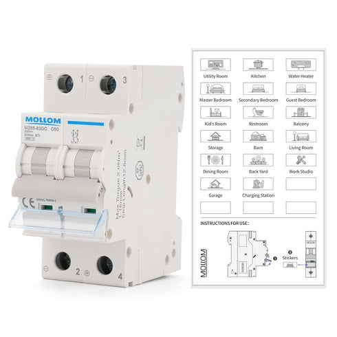 DC 2 Pole Miniature Circuit Breaker, 500V 50Amp, Thermal Magnetic Trip for Solar DC System