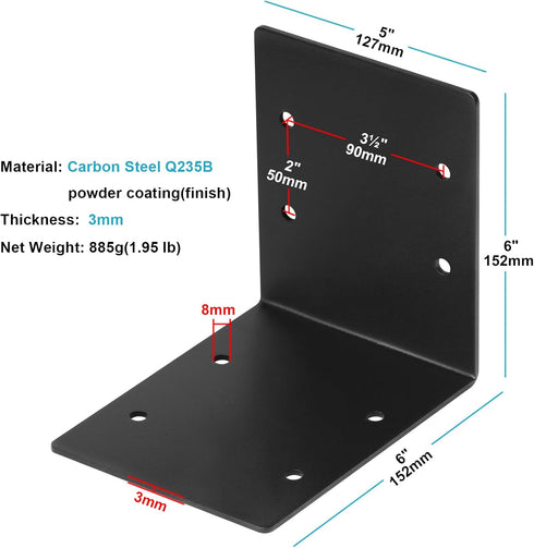 eoere 4 PCS Black 6" x 6" x 5" Heavy Duty Steel L Bracket Tie Plate, Corner Brace for Timber Connector