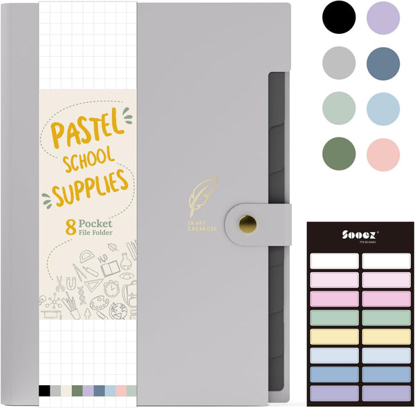 Sooez Aesthetic 8 Pocket Accordion File Organizer - Pastel Expanding Folder with Labels for Important Documents, Light