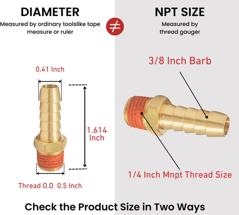 2 Pack Brass Air Hose Barb Fittings Adapter Set - 3/8" Barb to 1/4" NPT Male Pipe, Air Hose Repair Kit Connectors with Sealant by T TANYA HARDWARE