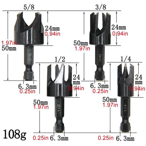 8Pcs Wood Plug Cutter, Carbon Steel Straight and Taper Claw Drill Bit Set Woodworking Hole Saw Cutting Tool 1/4" 3/8" 1/2" 5/8" (Metric 6mm 10mm 13mm 16mm)