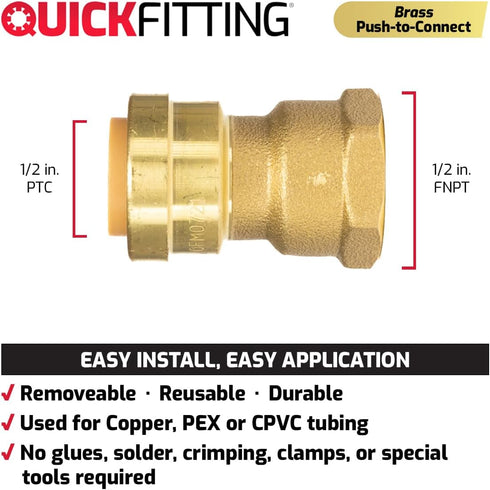 QuickFitting 1/2 x 1/2 inch FNPT Female Adapter, Brass Push to Connect Plumbing Pipe Fitting, 5-Pack