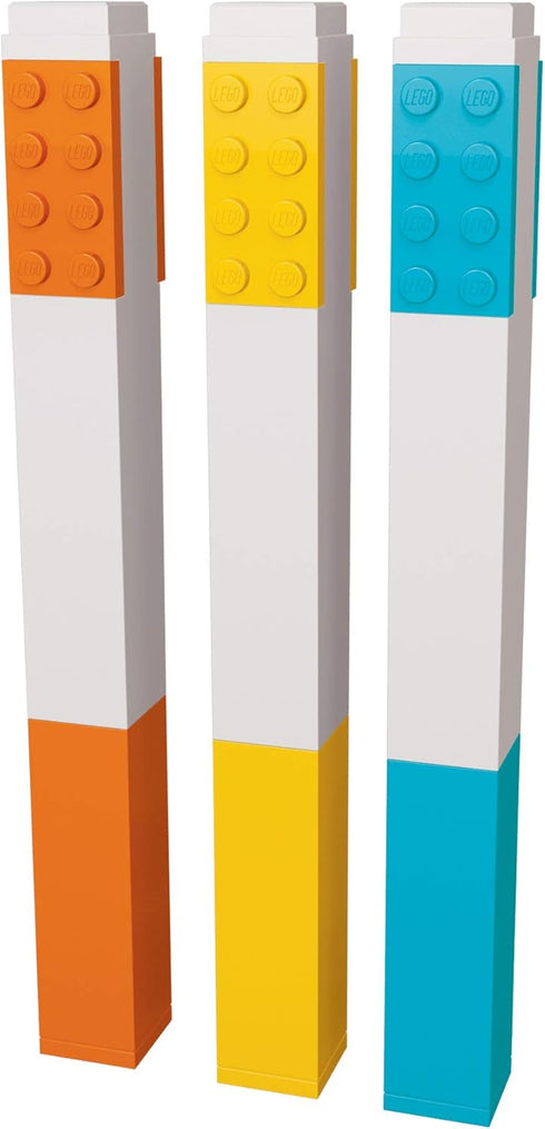 IQ LEGO Stationery 3 Pack - Highlighter Markers with 4x2 Building Bricks in Yellow, Orange, Blue