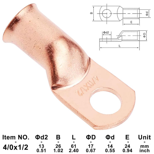 5PCS Heavy Duty Battery Lugs, 4/0AWG 1/2in M12 Ring Terminals, Electrical Crimp Connectors