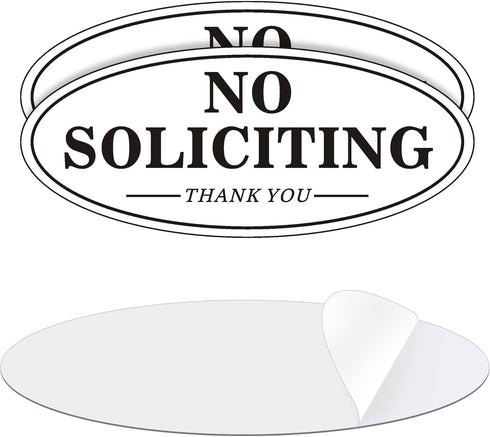 Self-adhesive No Soliciting Sign for House Door, 7" x 3" Metal Signs, Durable UV, Easy Mounting, Oval Design, 2 Pack