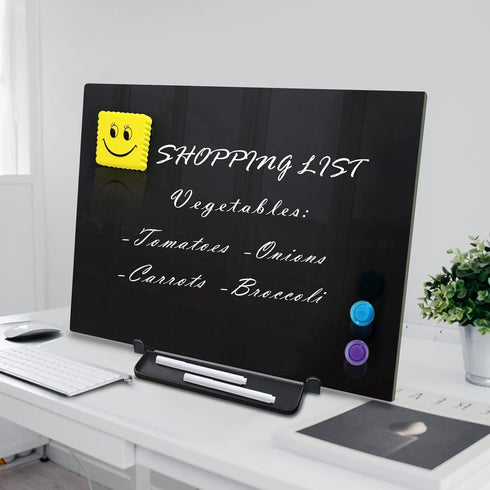Black Magnetic Glass Board Desktop Easel, 16x12" Black Dry Erase Board for Desk, Tabletop Glass Whiteboard on